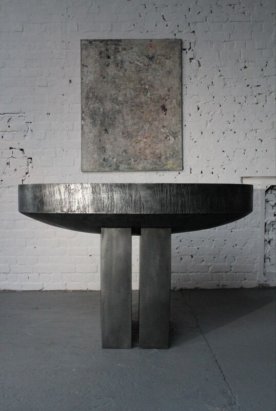 large console table by the Belgian sculptor Roger Bonduel (1930-2019) in acid-etched and patinated steel