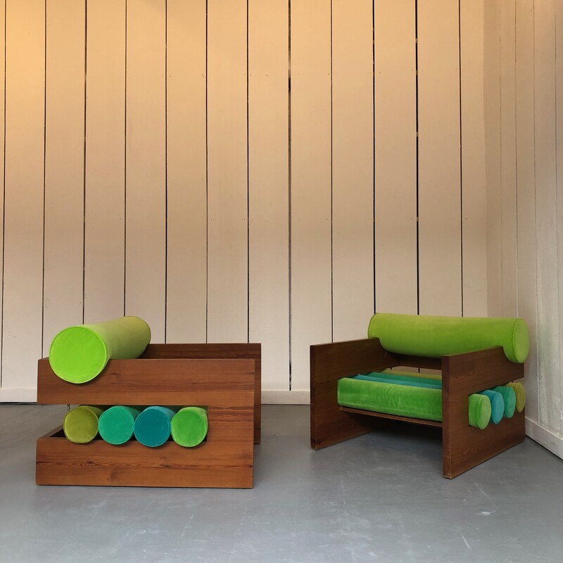 pair of armchairs with pine structure and five modular cylindrical cushions , Netherlands around 1950-1960