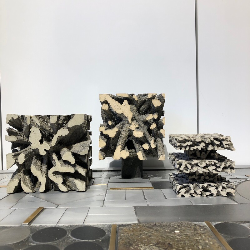 three(3) cast aluminium abstract and brutalist sculpture from german artist Helmut Schlüter.