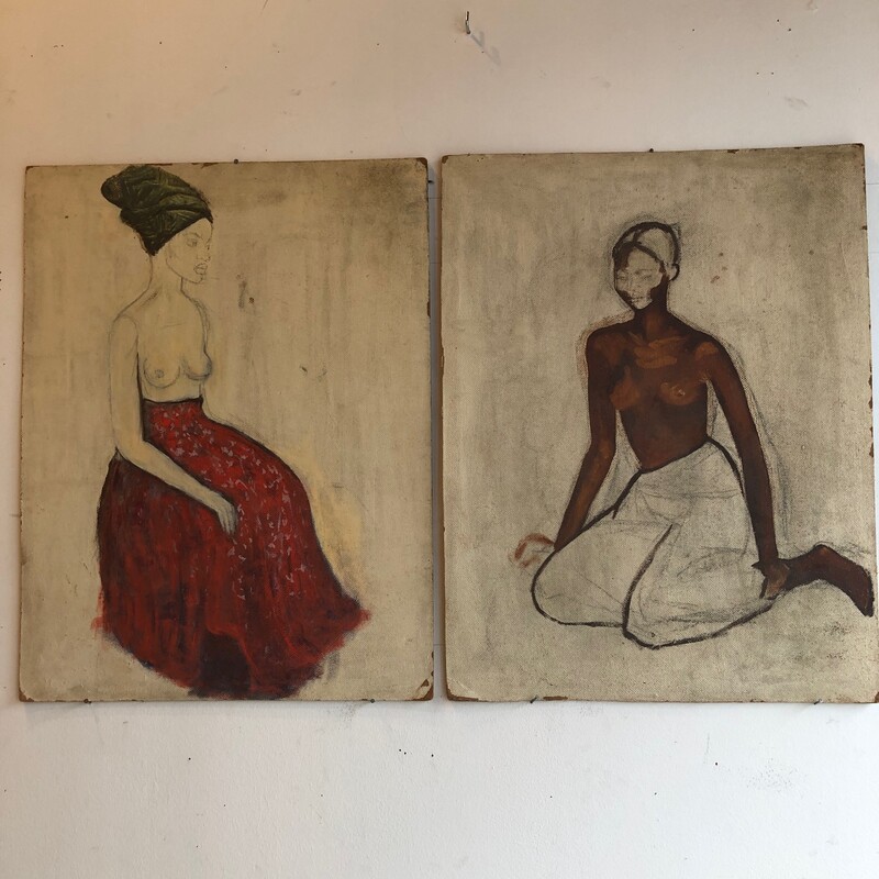 two (2) unfinshed paintings of African women , oil painting and pencil on hardboard