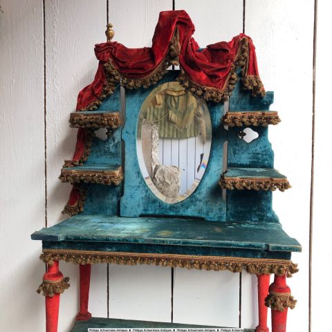 draped 19th century French vanity in red and bleu period velvet fabric ,  Napoleon-III period fantasy furniture for sell