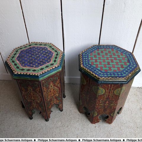 two small octagonal tables for the tea ceremony, oriental decor painted on wood, tray in multicolored mosaics for sell